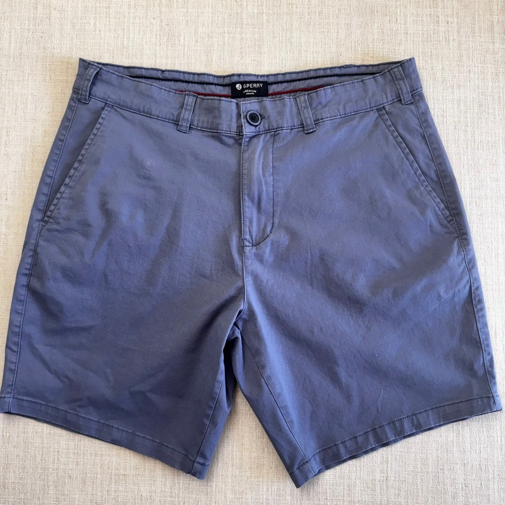 Sperry Mens Vintage Wash Flex Cotton Shorts Blue Grey Size 34 8 Inch Inseam NEW